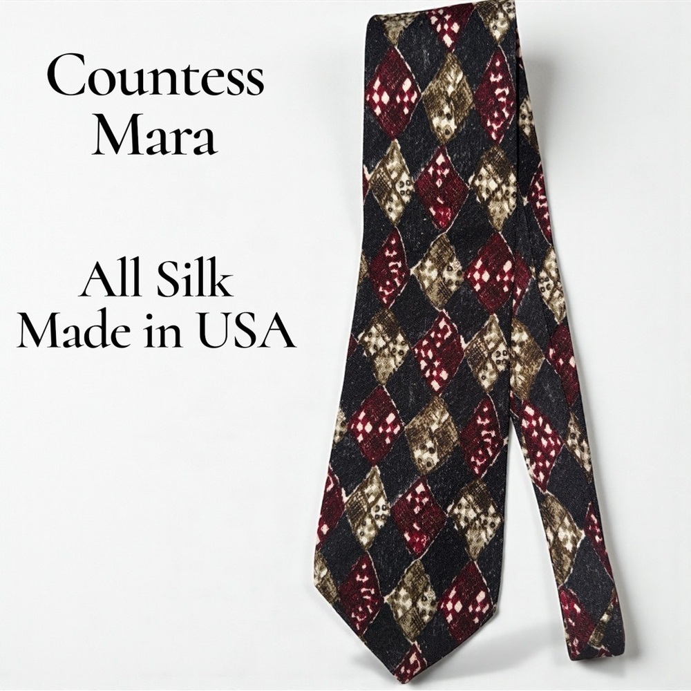 Countess Mara 100% Silk Tie Argyle Collectible Diamond Burgundy Black Print USA